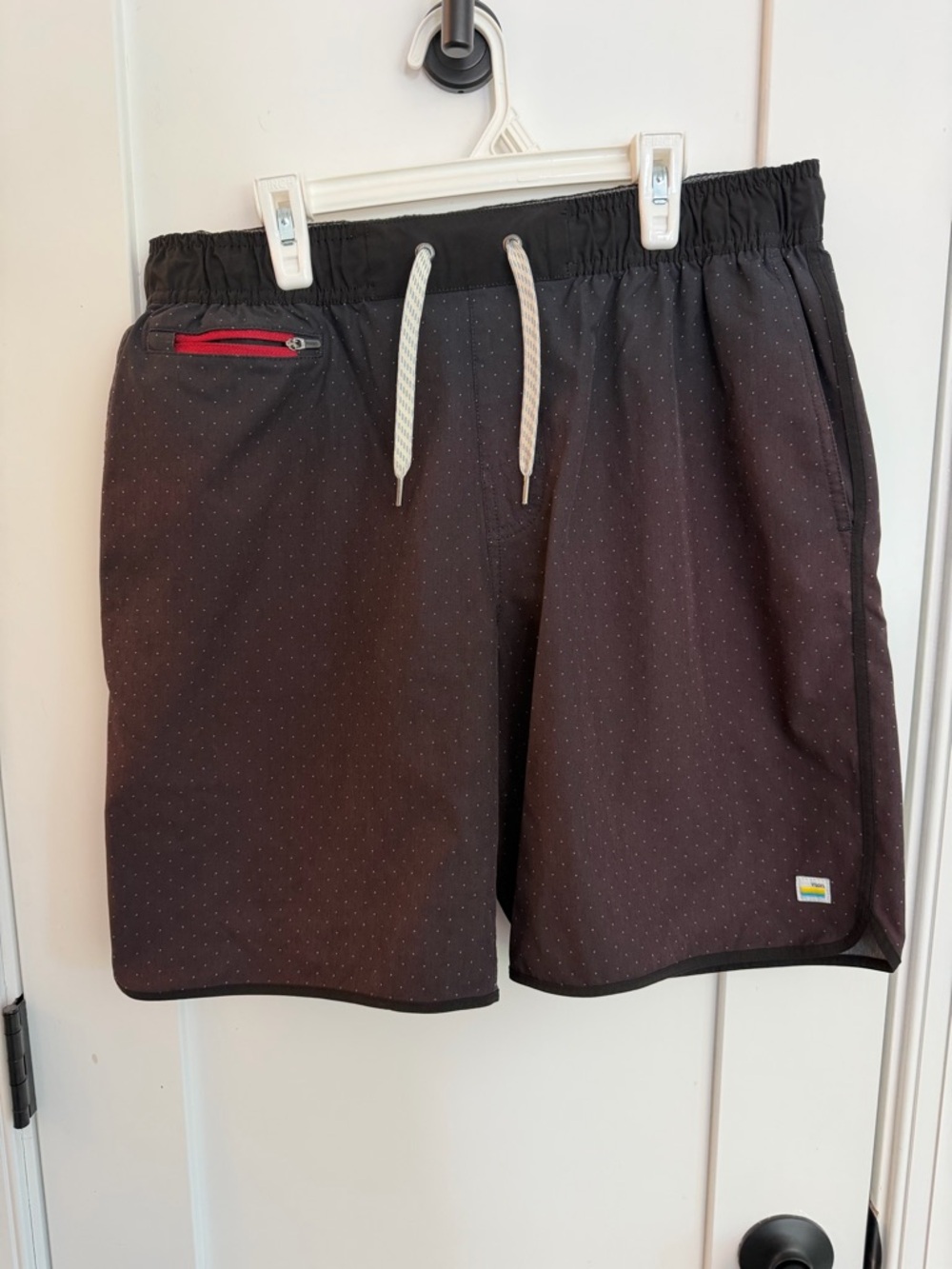 Vuori Men's Banks Black Micro dot Athletic Shorts with Red Zip Accent
